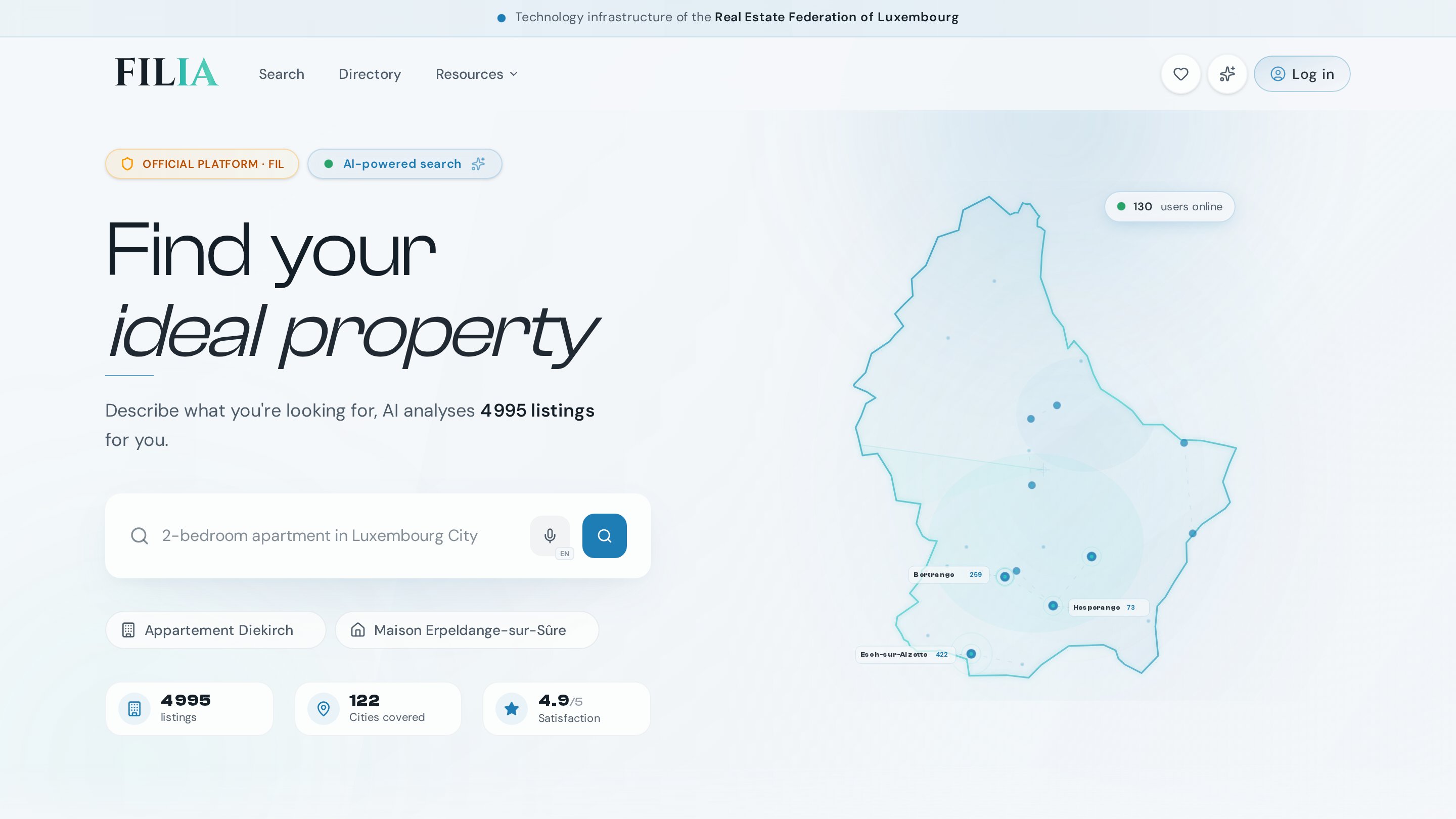 Aperçu de la plateforme FILIA — recherche immobilière assistée par intelligence artificielle au Luxembourg